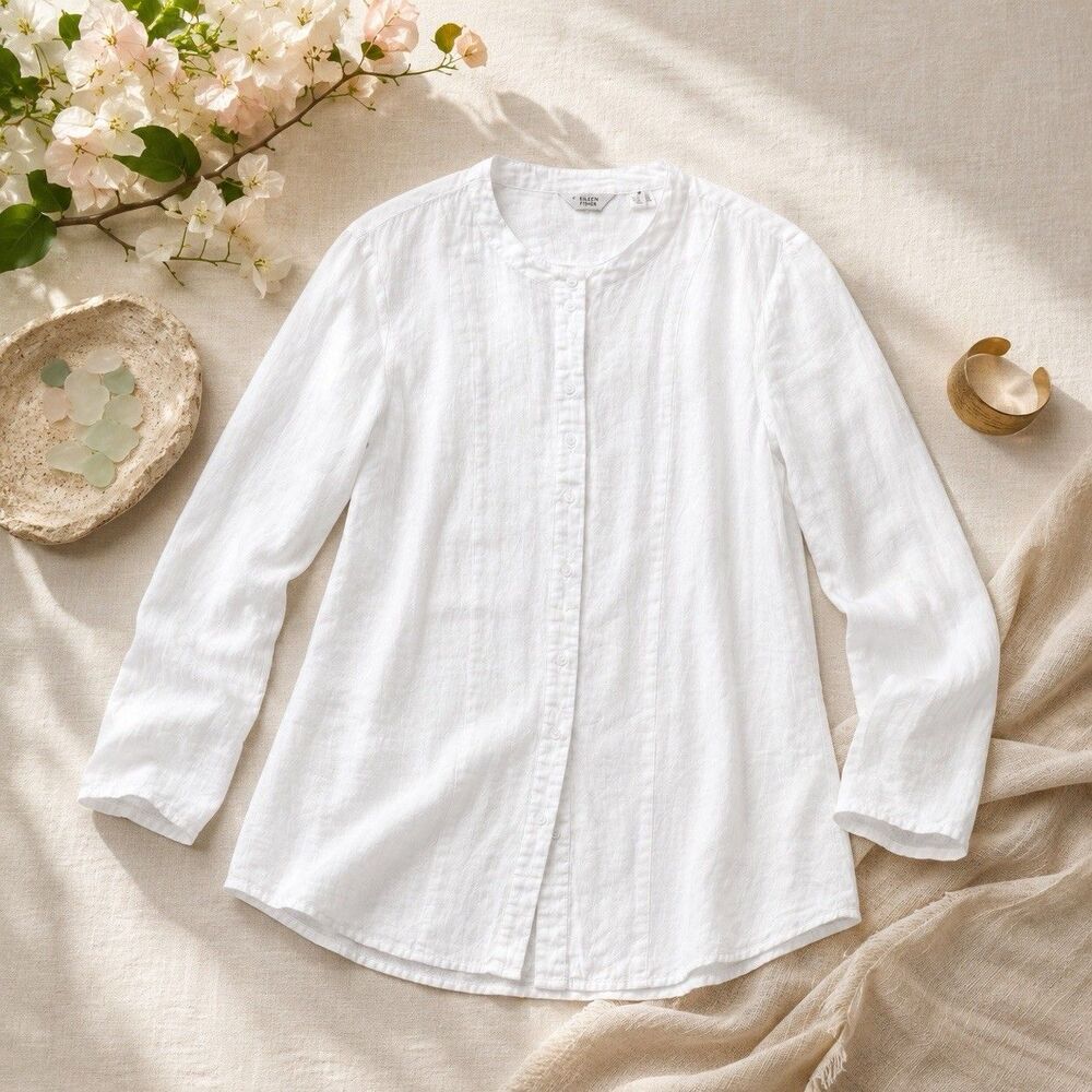 Laura Ashley Petite White Linen Tunic Button Down Side Vent Coastal Minimalist